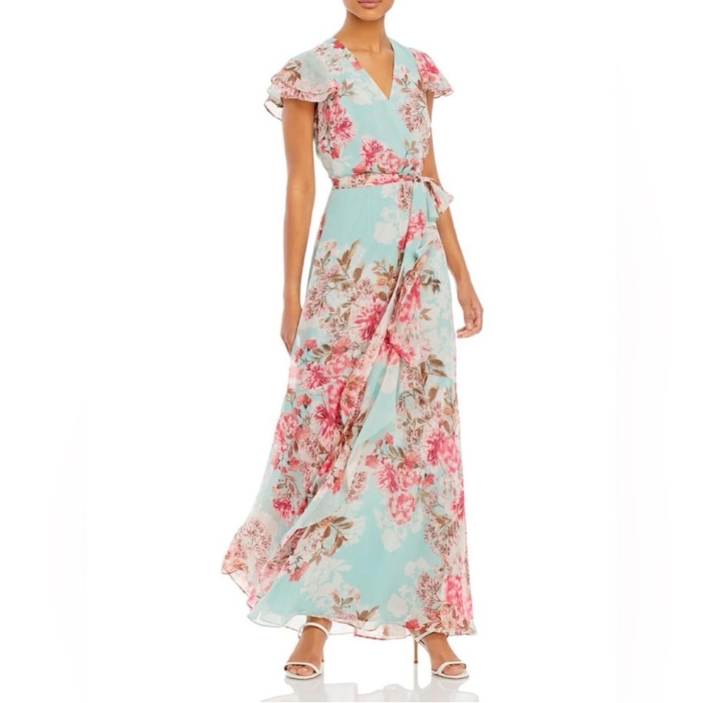 Eliza J Floral Maxi Dress in Pink and Aqua with tie waist and flutter sleeves